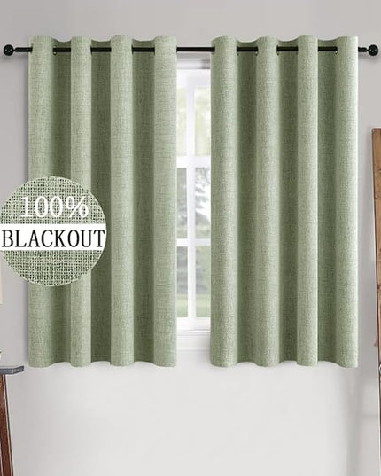 MIULEE Linen Texture Curtains for Bedroom Solid 100% Blackout Thermal Insulated Sage Green Curtains Grommet Room Darkening Drapes for Living Room Nursery 52x63 Inch (2 Panels)