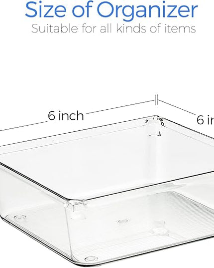 Ravinte 6 Pack Drawer Organizer - 6" X 6" Plastic Storage Bins, Acrylic Organizers with Non-Slip Pads Clear Desk Storage Tray for Makeup, Jewelries, Kitchen Utensils, Bathroom and Office