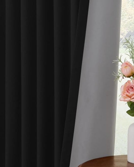 INOVADAY 100% Blackout Curtains for Bedroom, Black Out Curtains 102 Inch Long, Clip Rings Linen Blackout Drapes, Thermal Insulated Room Darkening for Living Room, 2 Panels - Black,W50xL102