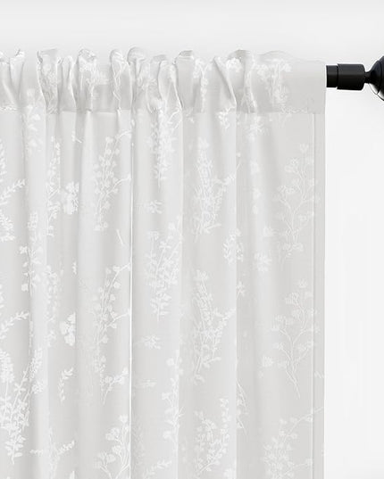 Anmao White Semi Sheer Light Filtering Short Curtains 45 Inches Long 2 Panels, Flower Pattern Drapes for Living Room Bedroom, Rod Pocket Sheer Window Treatments with Floral Design, 52x45 Inch