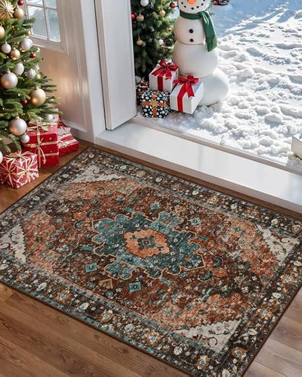Ciicool Washable Vintage Area Rug, 2x3ft Small Boho Rug, Ultra Soft Rugs for Entryway, Non-Slip Entry Rugs Oriental Low-Pile Indoor Mat Floor Carpet for Entrance Bedroom Kitchen Bathroom Foyer Decor