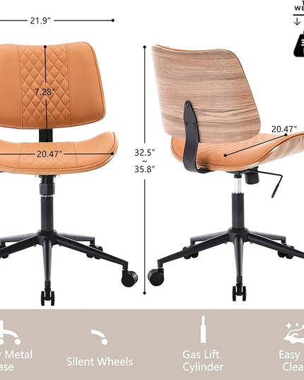 Home Office Chair No Arms with Wheels, Adjustable Height PU Leather Mid Back, 360 Swivel Computer Small Desk Chair, Armless Modern Walnut Style for Office, Reading Meeting Room(Brown)
