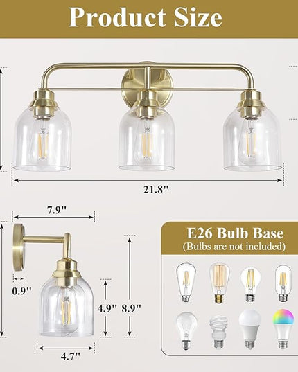 3 Light Gold Vanity Lights for Bathroom, Bathroom Light Fixtures Over Mirror with Clear Glass Shade, Ceramic E26 Sockets Wall Mounted