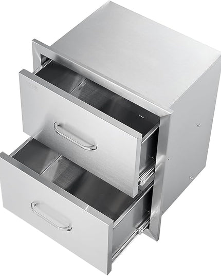 VEVOR Outdoor Kitchen Drawers, 17.8W x 20.2H x 12.2D Inch, Flush Mount Double BBQ Drawer, Stainless Steel BBQ Island with Handle, for Outdoor Kitchens or Patio Grill Station