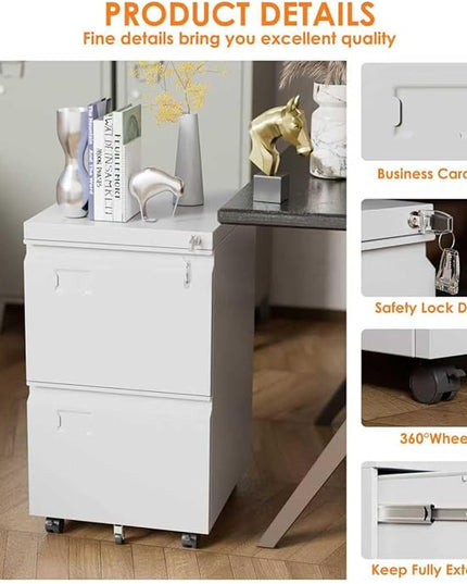 METAN 2 Drawer Vertical File Cabinet with Lock, Mobile Metal Filing Cabinet for Legal/Letter Size, Office Storage File Cabinet Under Desk with Card Holder,Assembly Required,White
