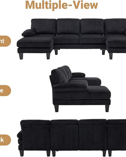 VINGLI 110" Sectional Couches for Living Room,U Shaped Couch with Double Chaise, 4-Seat Sofa Set with Corduroy Fabric for Home Furniture,Black
