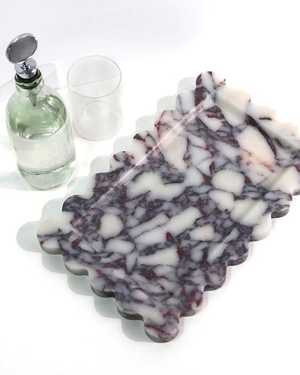 Natural 100% Marble Vanity Tray Luxury Scalloped Marble Storage Square Rectangle Tray for Home Decor Stone Tray for Bathroom Kitchen Candle Key (Rectangle-11.8 * 7.4-Calacatta Viola)