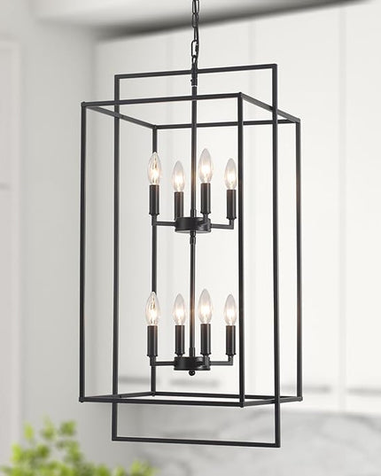 Black Farmhouse Chandelier, Extra Large Tiered Lantern Pendant Light 15.75" Entryway Light Fixture, Industrial Staircase Chandelier for Foyer Entryway Hallway, Lacquered Black(8 Lights)