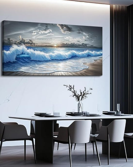 PHAOHUAXM Large Canvas Printed Artworks Mural Wall Decor For Living Room Wall Art For Bedroom Office Decor Black White And Blue Ocean Wave Landscape Painting Modern Home Decor Ready To Hang 30"X60"