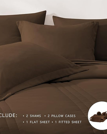 Monbix King Size Comforter Set - 7 Pieces Bed in a Bag King, Chocolate Brown Bedding Sets with Comforter, All Seasons Down Alternative Comforter Bed Set with Sheets, Pillowcases & Shams