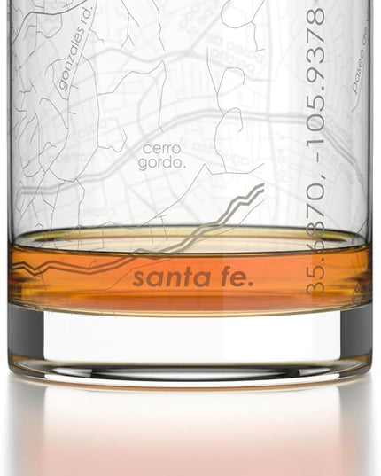 Well Told Engraved Santa Fe New Mexico Map Rocks Glass, Old Fashioned Glassware (11 oz, Clear) Etched Bourbon Tumbler, Gifts For Whiskey Lovers