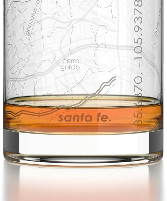 Well Told Engraved Santa Fe New Mexico Map Rocks Glass, Old Fashioned Glassware (11 oz, Clear) Etched Bourbon Tumbler, Gifts For Whiskey Lovers