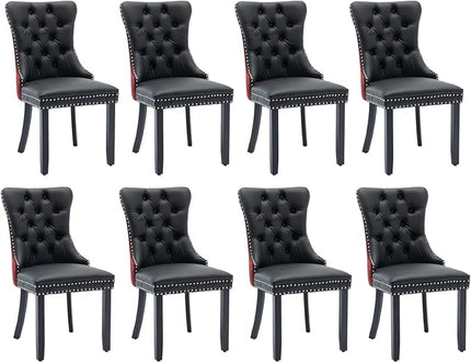 SoarFlash Leather Dining Chairs Set of 8, Tall Back Side Chair, Modern Upholstered Side Chair with Button Back Ring, Solid Wood Legs (Black&Red)