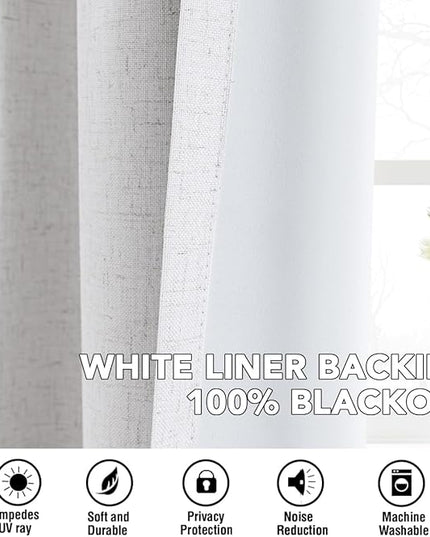 H.VERSAILTEX Linen Curtains 100% Blackout Curtains for Bedroom 63 inch Long Full Light Blocking Nature Linen Blended Window Curtains for Living Room Nickel Grommet (2 Panels, Heathered White)