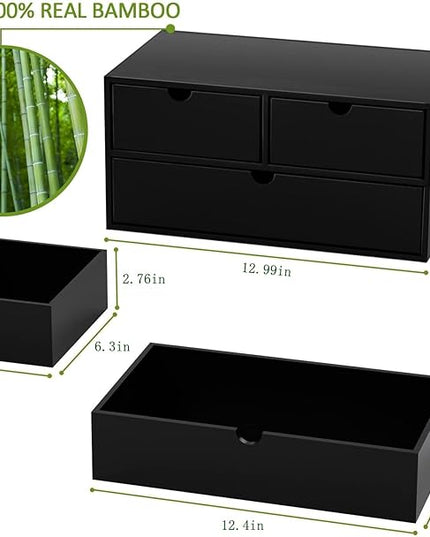 Wisuce Bamboo Desk Organizer - Mini Bamboo Desk Drawer Tabletop Cosmetic Storage Organization for Office or Home Black