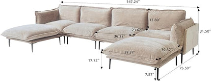 WJShome 147" Modern U-Shaped Couch for Living Room,Velvet Modular Sectional Sofa with Chaise,4-Seater Sofa with 2 Ottomans with Removable Cushions and 8" High Metal Legs, Easy to Clean, Oatmeal