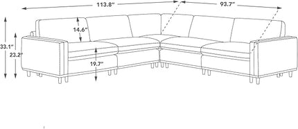 CHITA Super Large Luxury V Shape Corner Sectional Modular Sofa, Down Filled Modern Sofa, Deep Seat Comfty Cloud Couch, 114 inch Width, 5 Seat Couch with Chaise, Solid Wood Leg, Linen