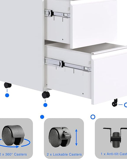 METAN 2 Drawer File Cabinet with Lock, Mobile Under Desk Filing Cabinet for Office Legal/Letter Size, Fully Assembled Except Wheels,White