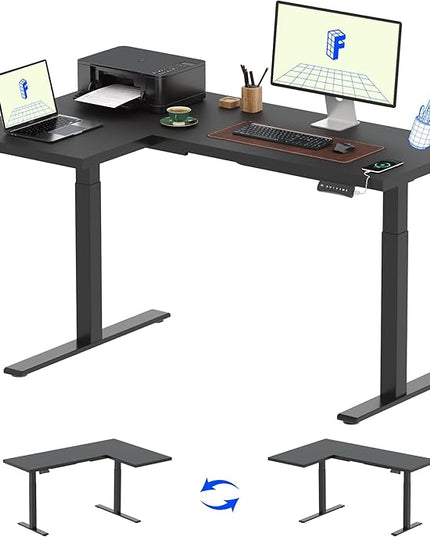 FLEXISPOT Pro Corner Desk Dual Motor L Shaped Computer Electric Standing Desk Sit Stand Up Desk Height Adjustable Desk Home Office Table with Splice Board, 63x40 Black(2 Pakages)