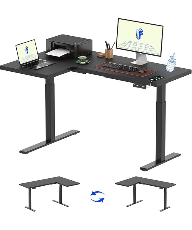 FLEXISPOT Pro Corner Desk Dual Motor L Shaped Computer Electric Standing Desk Sit Stand Up Desk Height Adjustable Desk Home Office Table with Splice Board, 63x40 Black(2 Pakages)
