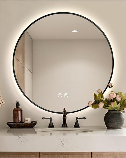 32" Black Framed Round LED Backlit Mirror for Bathroom, Smart Circle Mirror with 3 Colors, Dimmable Lighted Mirror with Anti-Fog, IP65 Waterproof, CRI 93+, UL-Listed