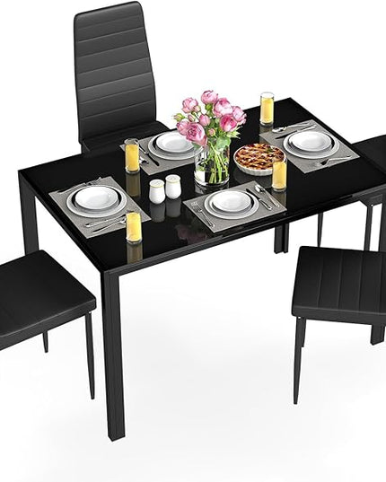 FDW | Dining Table Set for 4 | 5-Piece Glass Black Dining Table | Kitchen Table with 4 Upholstered Chairs and Faux Leather Cushions | Space-Saving and Modern Design | for Dining Room, Easy to Assemble