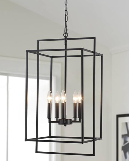 Black Farmhouse Chandelier, Extra Large Foyer Lighting Fixtures 14.17" Lantern Pendant Light, Industrial Foyer Chandelier for Staircase Entryway Hallway Kitchen, Lacquered Black 5 Lights