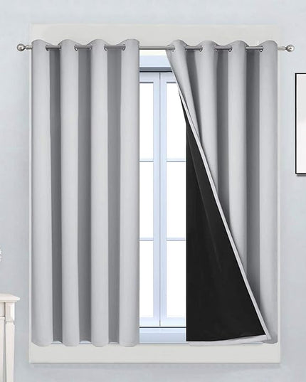 Yakamok Total Blackout Curtains, 2 Thick Layers Completely Blackout Thermal Insulated Drapes with Black Liner for Bedroom(52Wx45L, Light Grey, 2 Panels)