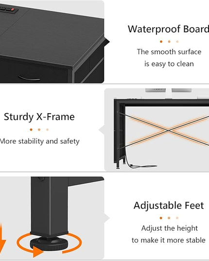 60 Inch Computer Desk with 8 Drawers, Home Office Desk with Power Outlets, Work Study Gaming Desk with 8 Fabric Drawers, Black