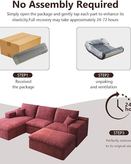 107'' U-Shaped Modern Modular Sectional Cloud Couch Whit Ottoman, 4-Seat Chenille Deep-Seat Sofa with Pillow for Living Room, Bedroom, Apartment, Wine Red