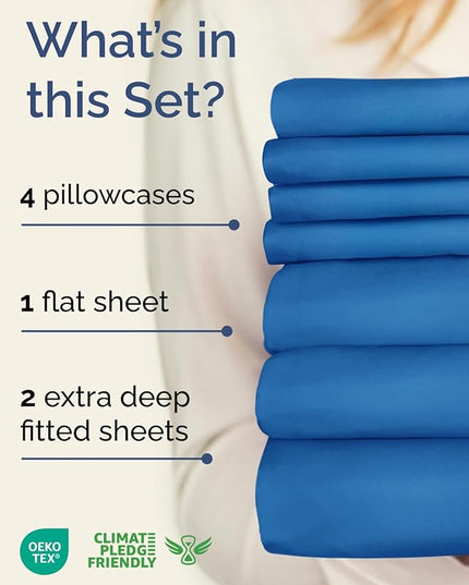 Extra Deep Split King Sheet Set - 7 Piece Breathable & Cooling Sheets - Hotel Luxury Bed Sheets Set - Easy Fit - Soft, Wrinkle Free & Comfy Sheets Set - Royal Blue Sheet Set with Extra Deep Pockets