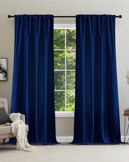 Joydeco Blue Velvet Blackout Curtains 84 Inch - 2 Panels Thermal Insulated Rod Pocket Drapes for Living Room Bedroom Dining Room Privacy