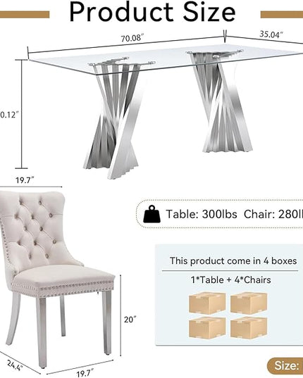 5 Piece Glass Dining Table Set,70" Dinner Room Glass Table Set for 4,Modern Kitchen Dinner Table Set with Stainless Steel Base and 4 Upholstered Velvet Dining Chairs for Living Dining Room
