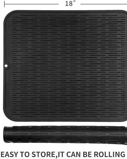 Silicone Dish Drying Mat for Multiple Usage,Easy clean,Eco-friendly,Heat-resistant Silicone Mat for Kitchen Counter or Sink,Refrigerator or Drawer Liner Black XL 18 inches x 16 inches
