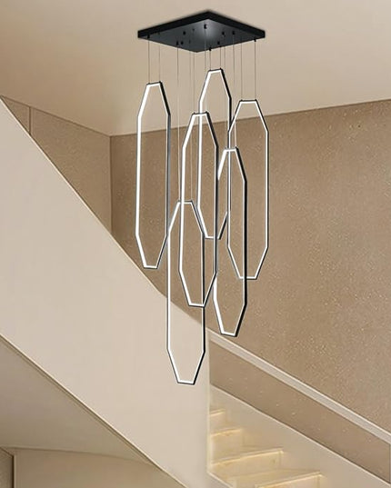 Modern Staircase Chandelier LED 6-Rings Foyer Chandeliers for High Ceilings Black Large Chandeliers Remote Control 3000K-6000K Dimmable Pendant Light for Living Room Staircase Entryway