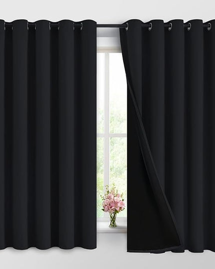 Yakamok 100% Blackout Curtains for Bedroom, 2 Thick Layers Thermal Insulated Grommet Total Blackout Drapes with Black Liner for Living Room (62Wx63L,Black, 2 Panels)