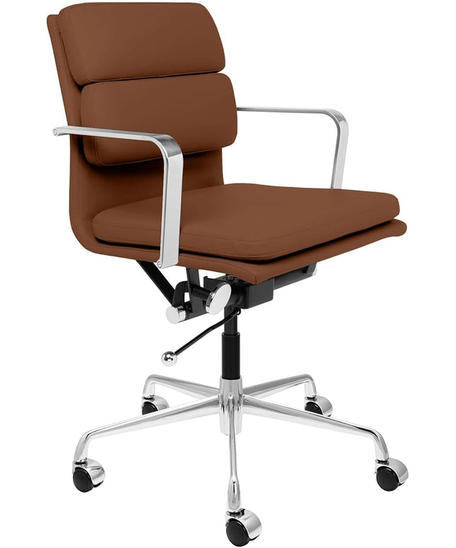 Laura Davidson Furniture SOHO II Padded Management Office Chair - Mid Back Desk Chair with Arm Rest, Swivel & Cushion Availability, Made of Faux Leather, Brown, Computer Chair