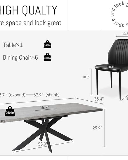 ZckyCine 6-8 People Modern Rectangular Kitchen Dining Table Space-Saving Expandable Dining Table Metal Frame (Gray Table + 6 Black Chairs)