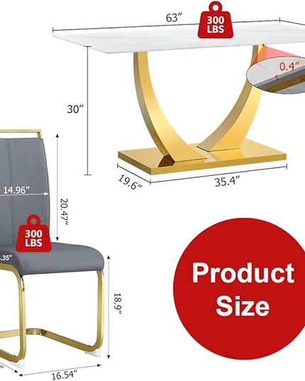 63” Dining Room Table Set for 6,Modern Gold Dining Table Set for 6 with Leather Chairs, White Faux Marble Dinner Table Set with Tempered Glass Top and Golden Base