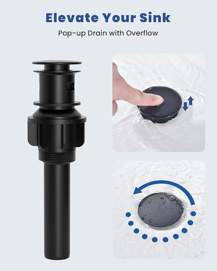 DAYONE Matte Black Single Handle Bathroom Sink Faucet, 1 Hole Bathroom Faucets with Pop Up Drain Stopper, Single Hole Mixer Tap Optional Deckplate Stainless Steel