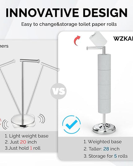 Freestanding Toilet Paper Holder Stand with Storage – Holds 4 Extra Rolls – Chrome Toilet Paper Holder for Bathroom – Sturdy Base, Classic Retro Style, Space-Saving Bathroom Storage Organizer