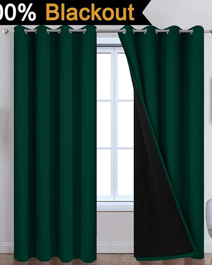 Yakamok 100% Blackout Curtain for Bedroom,Thermal Insulated Drapes with Black Liner Full Room Darkening Energy Efficiency Window Curtains for Living Room(52Wx90L,Dark Green, 2 Panels)