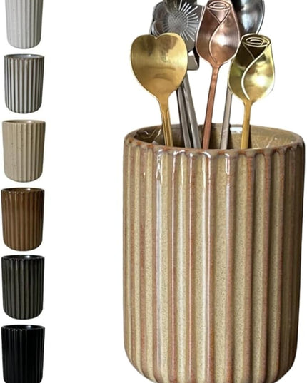 Stoneware Coffee Bar Utensil Holder Tea & Coffee Spoon & Stirrer Holder for Stir Stick Straw Teaspoon Holder Spoon Cup Small Utensil Jar Fluted Vertical Stripe (Rustic Brown)