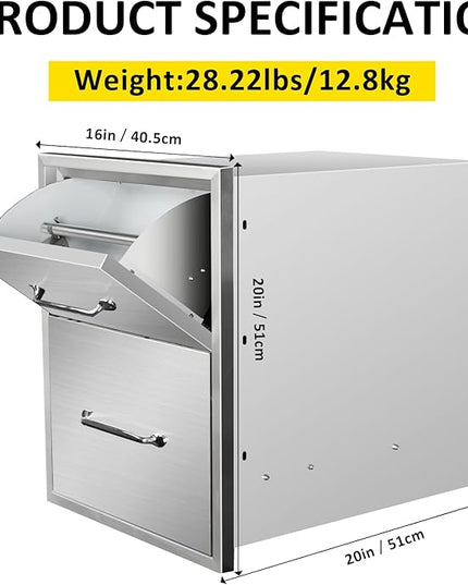 Outdoor Kitchen Drawers with Paper Towel Holder 16" W x 20" H x 20" D Flush Mount BBQ Drawers with Chrome Handle,Stainless Steel Built-in Double Access Drawers for Outdoor Kitchen Island
