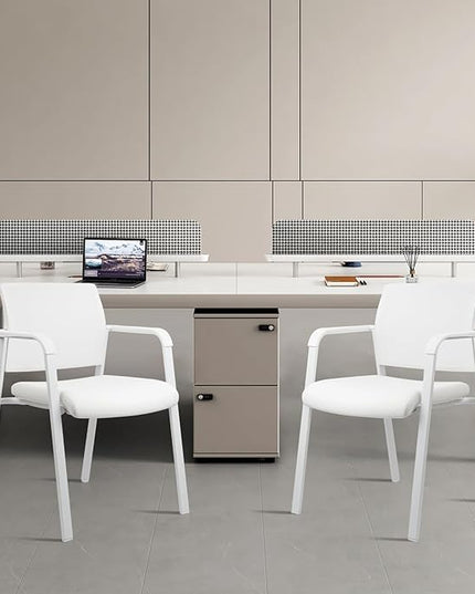 CLATINA Stacking Office Chairs | Mesh Back, Thicken Leather Seat and Arms, Ergonomic Lumbar Support | Guest Reception, Waiting, Conference, School, Party, Customer, Side, Stationary | Set of 2, White