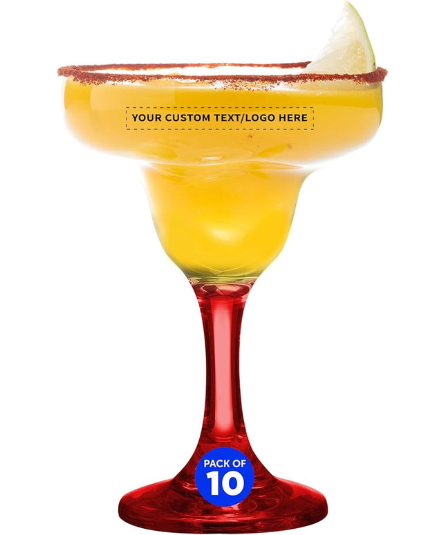 DISCOUNT PROMOS 10 Margarita Glasses Set, 9 oz. - Personalized Text, Logo - Classic, Smooth, Barware, Glassware - Red