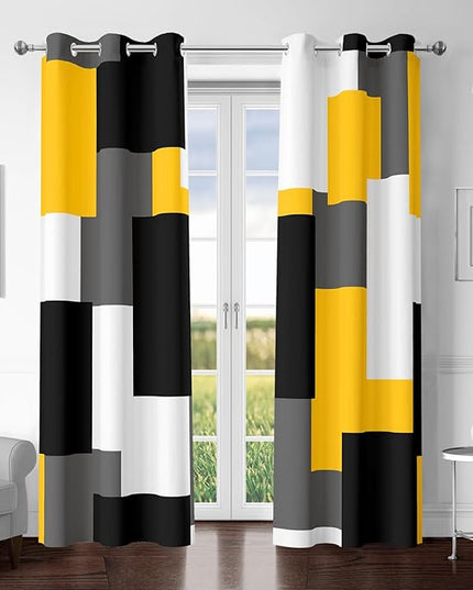 Yellow 100% Blackout Curtains for Bedroom 72 inch Length 2 Panels Set White Grey Modern Abstract Geometric Black Out Curtains Insulated Room Darkening Window Drapes for Living Room, 42Wx72L