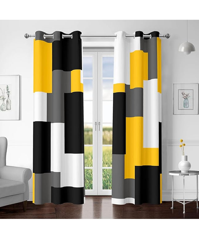 Yellow 100% Blackout Curtains for Bedroom 96 inch Length 2 Panels Set White Grey Modern Abstract Geometric Black Out Curtains Insulated Room Darkening Window Drapes for Living Room, 42Wx96L
