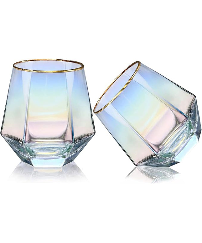 XKXKKE Diamond Wine Glasses Set of 2, 10 OZ Modern Stemless Gold Rim Glass Cups Iridescent Drinking Glassware for Serving Party, Home, Bar, Restaurants, Gift, Rainbow Tumbler, Colorful 2 Pack