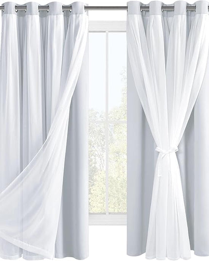 Hiasan Greyish White Blackout Curtains with Sheer Overlay, Grommet Thermal Insulated Mix & Match Double Layer Window Curtains for Girls Bedroom, Living Room, 2 Panels Sewn with Tiebacks, 52W X 63L